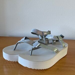 White platform Teva with iridescent mermaid pattern straps